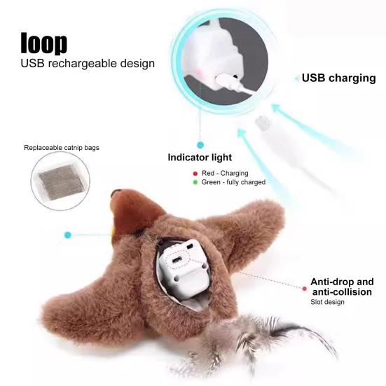 Flapping Wings Birds Cat Toy Interactive Flying Sparrow with Lifelike Chirping Sound Touch Activated Plush Birds Kitten Toy for Indoor Cats