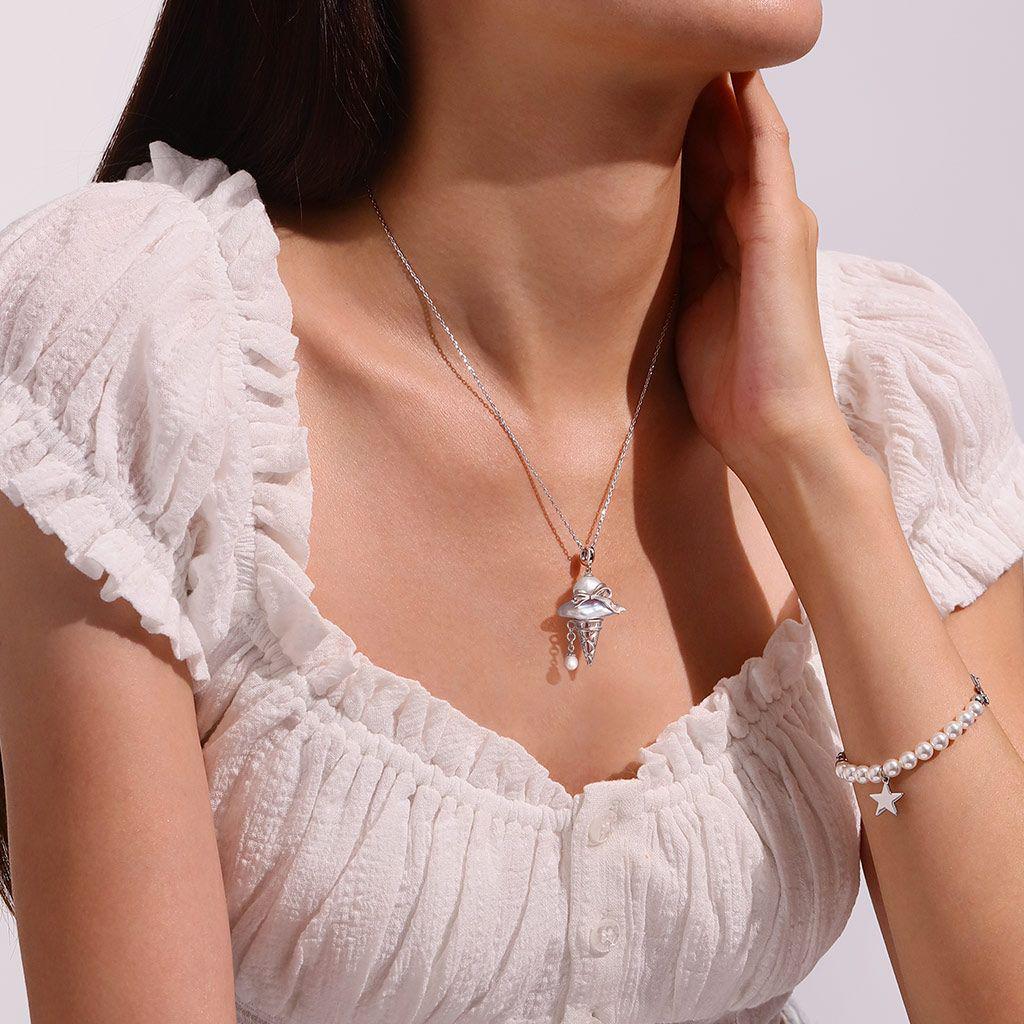 Women's Pearl Bow Pendant Necklace with Ice Cream Cone Charm