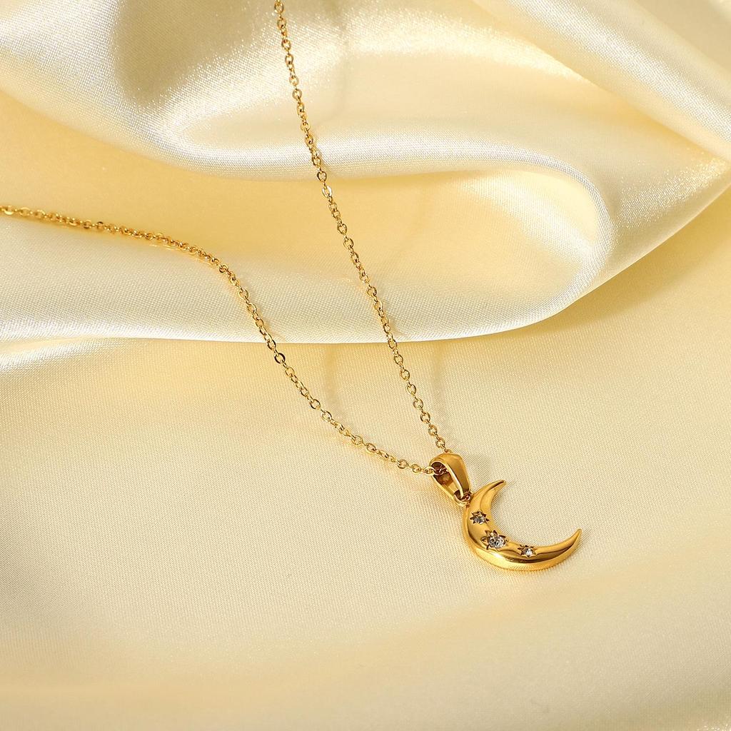 18K Gold Plated Stainless Steel Necklace Set with Triple Zircon Moon Pendants - Women's European/American Influencer Style