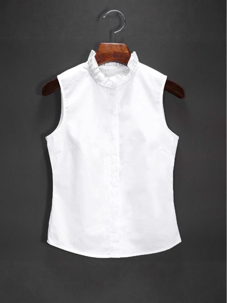 Women's Korean Style Sleeveless Stand Collar Cotton Shirt - Versatile Base Layer for Autumn/Winter, Ideal with Suits & Sweaters.