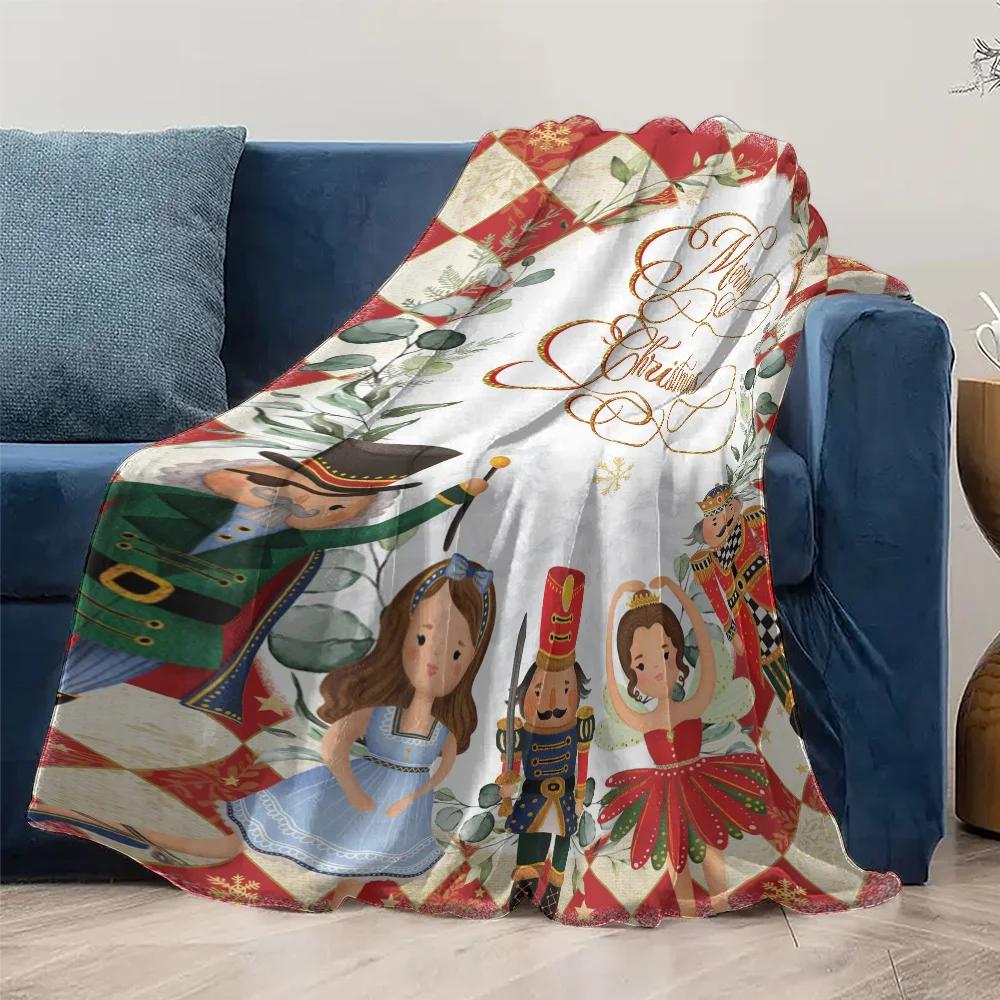 Nutcracker Ballet Christmas Fleece Blanket, Golden Merry Christmas Script with Character Collection, Classic Holiday Throw