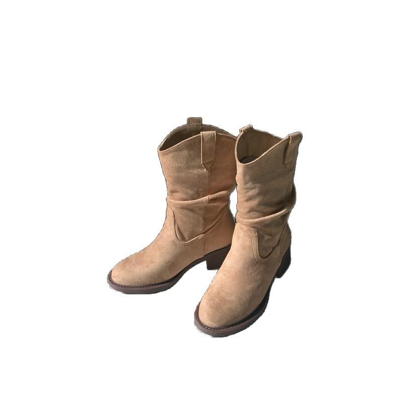 2025 autumn and winter new Maillard retro temperament thin suede western pile female knight boots