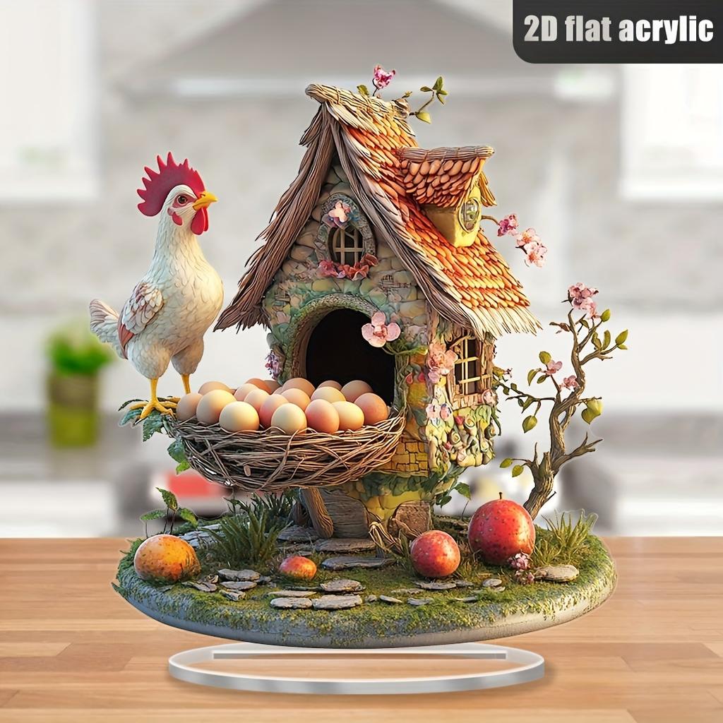8in 2D Attractive Acrylic Colour Printing Chicken & Chicken Coop Desktop Decorations Home Office Studio Decoration Friends Gifts