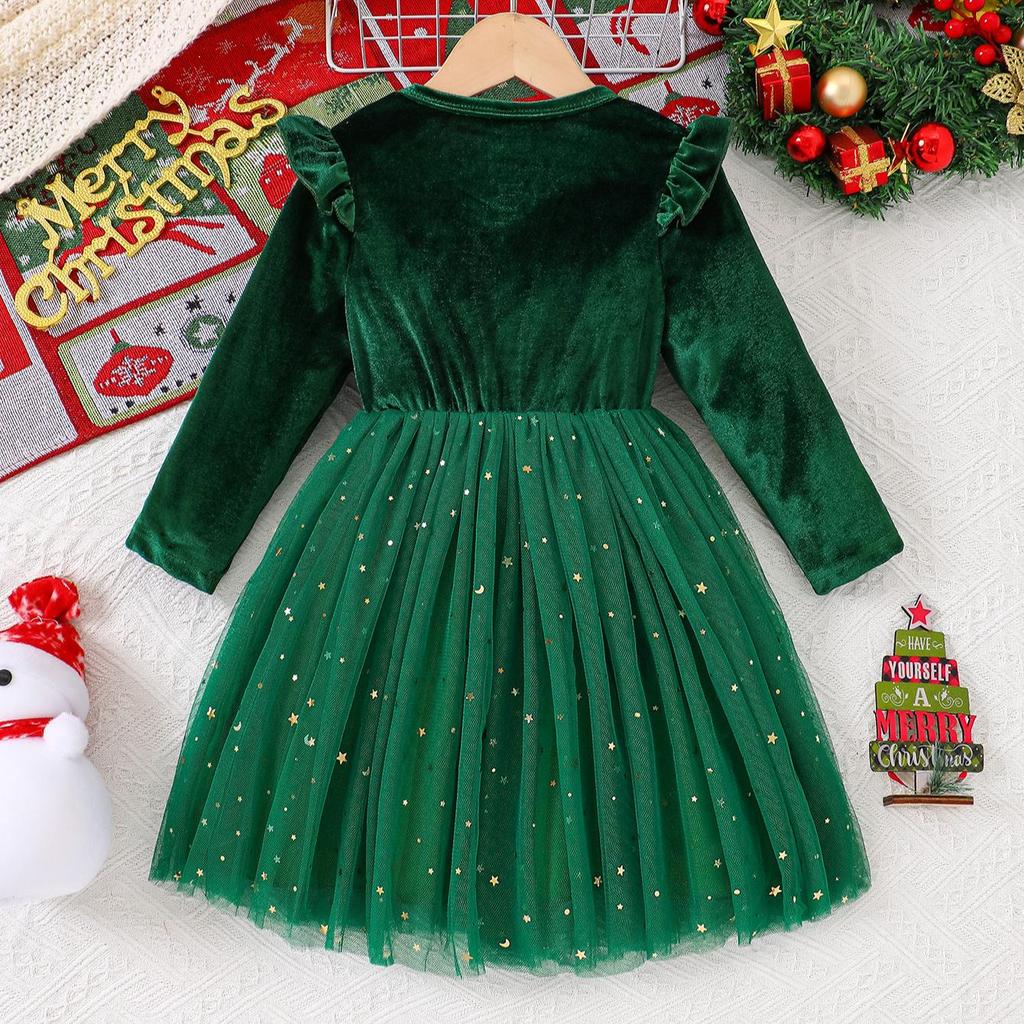 European & American Style Girls' Christmas Gold Velvet Star Mesh Dress