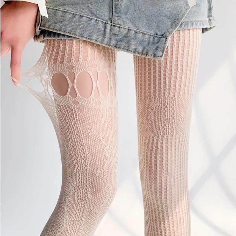 

Hollow Out Mesh Lace Fishnet Stockings Pantyhose Lolita Japanese Style Women Spring Summer New Design Print Uniform Sexy Tights One Size белый