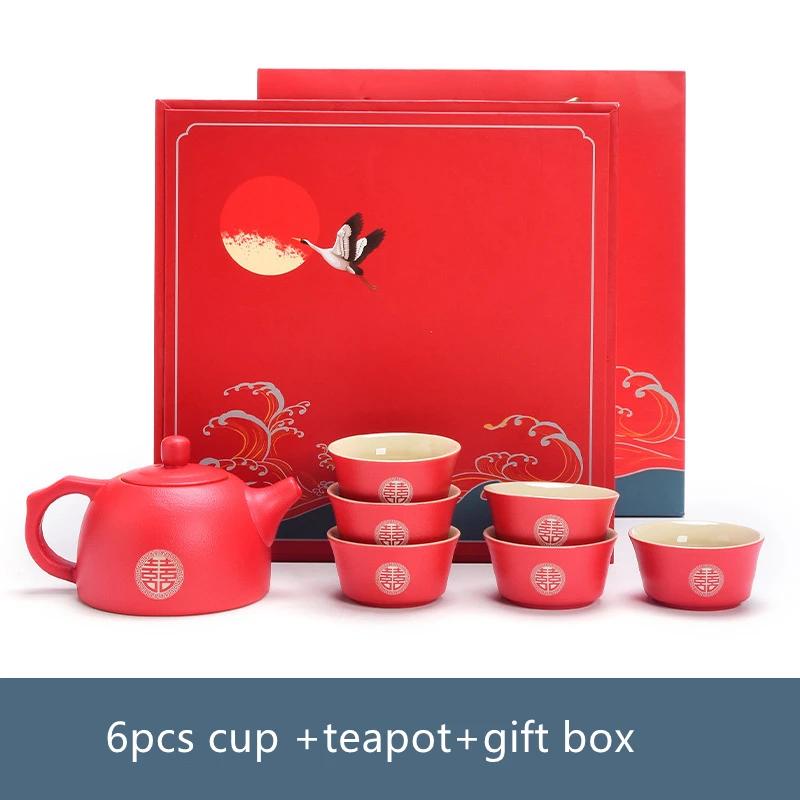 

Китайский свадебный красный чайный сервиз Керамический чайный сервиз Чай Кунг-фу Фарфоровая чашка Гайвань Творческая чайная церемония Six-piece Set