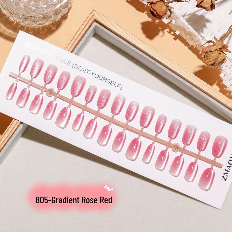 

Gradient Cat Eye Glass Beads Press-On Nails in Powdery Peach, Pink, and Rose Red - 30 Pieces for a Chic Look