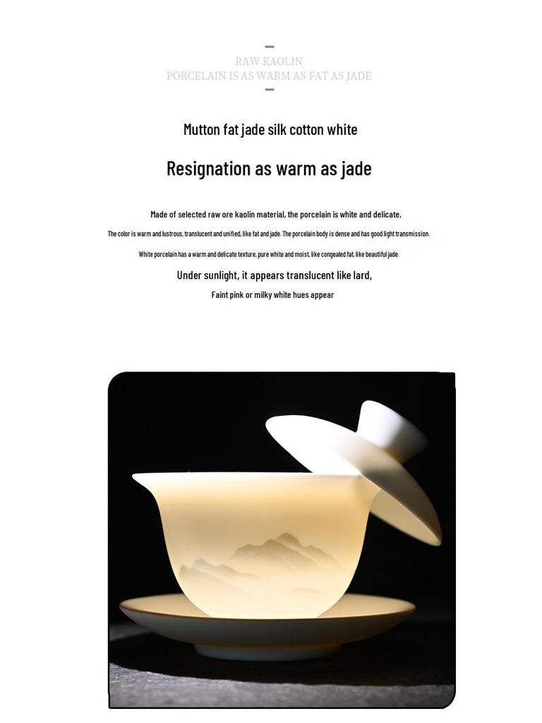 Kung Fu Mutton Fat Jade Gaiwan Teapot Set - Gold-Painted Luxury Tea Set
