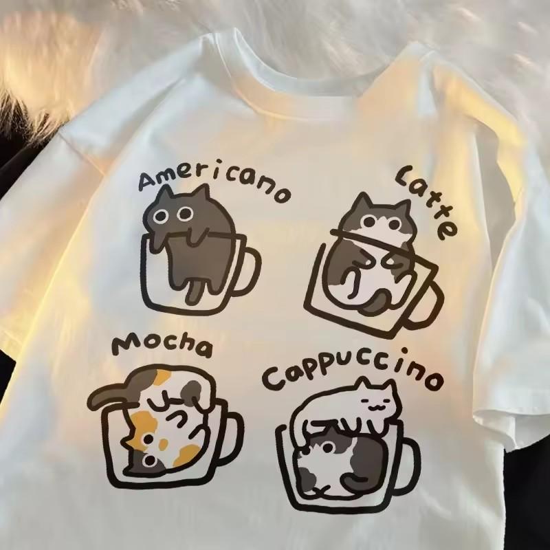 Men Women T Shirt Korean Version Cartoon Cat Group Printed T-Shirt Casual Short Sleeve Couples T-Shirt Funny Cat Streetwear
