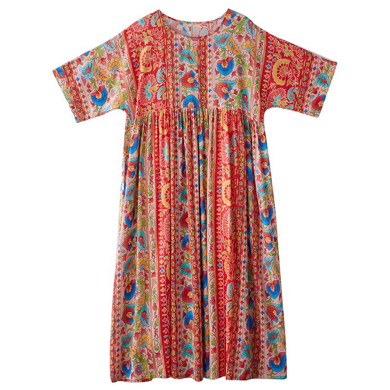 Kurzarm Plus Size Baumwolle Vintage Blumenmuster Neu in Kleidern für Damen lässig locker langes Sommerkleid