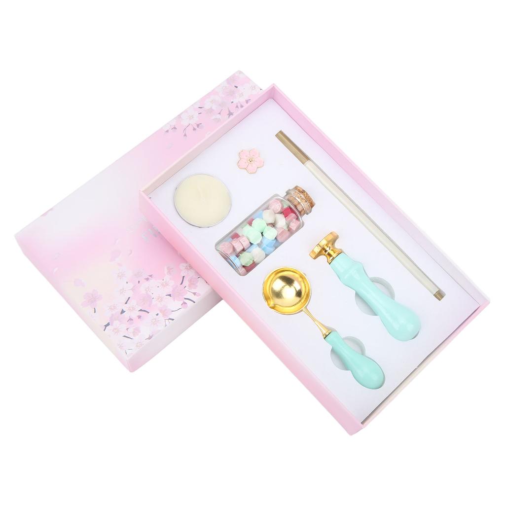 Wax Sealing Kit Vintage Color Matching Blue Handle Gift Box Packaging Cherry Flower Brooch Detac