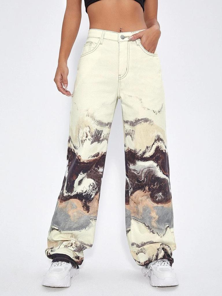 Pantalon en denim droit patchwork taille haute pour femme, effet dégradé – Collection Automne 2025