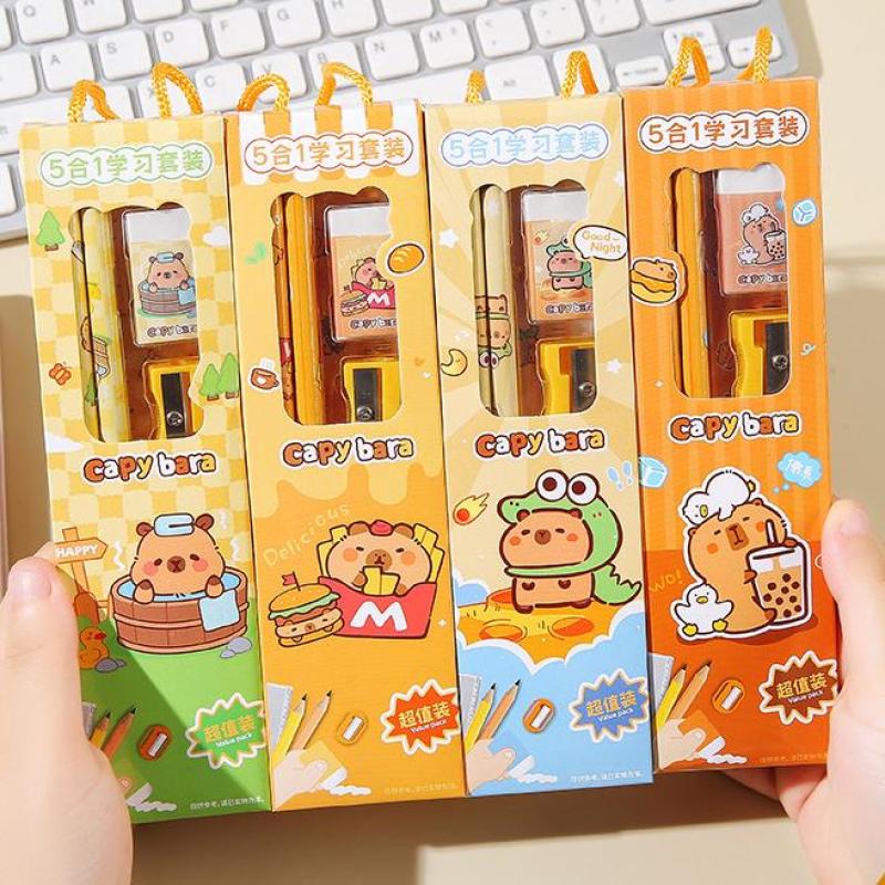2Set Cute Cartoon Capybara Pencil Stationery Set Kawaii 5Pcs/Set Eraser Pencil Sharpener Children Student Stationery Supplies