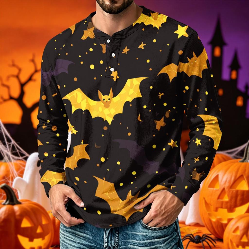 Men Henley Long Sleeve T‑Shirt Halloween 3D Print Pumpkin Ghost Bat Spider Web Graphic Holiday Party Casual Tee