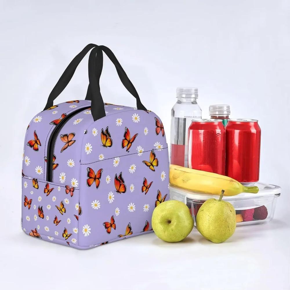 Butterflies Daisy Insulated Purple Lunch Bags for Women with Pocket Reusable Thermal Lunch Bag for Work Picnic Beach