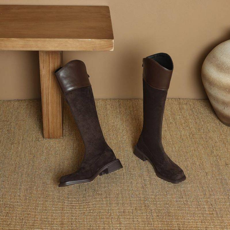 Autumn and Winter Suede Tall Boots Solid Color Large Size Women's Boots Medium Heel Back Zipper Fashion Boots Square Heel Comfortable Square Head 