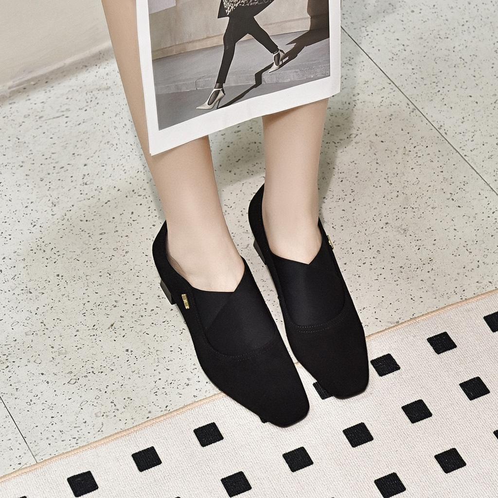 Square head high heels women's shoes spring simple temperament black sheepskin deep mouth middle heel single shoes elastic fashion shoes
