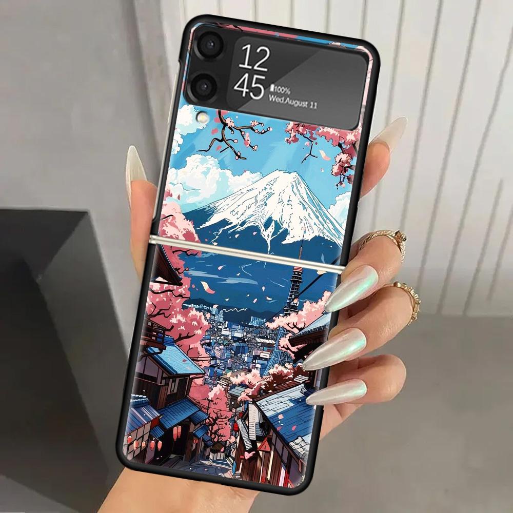 Japanese Cherry Mount Fuji Hard PC Phone Case For Samsung Galaxy Z Flip 7 6 5 4 3 Black ZFlip7 ZFlip6 Flip5 Flip4 Flip3 5G Print