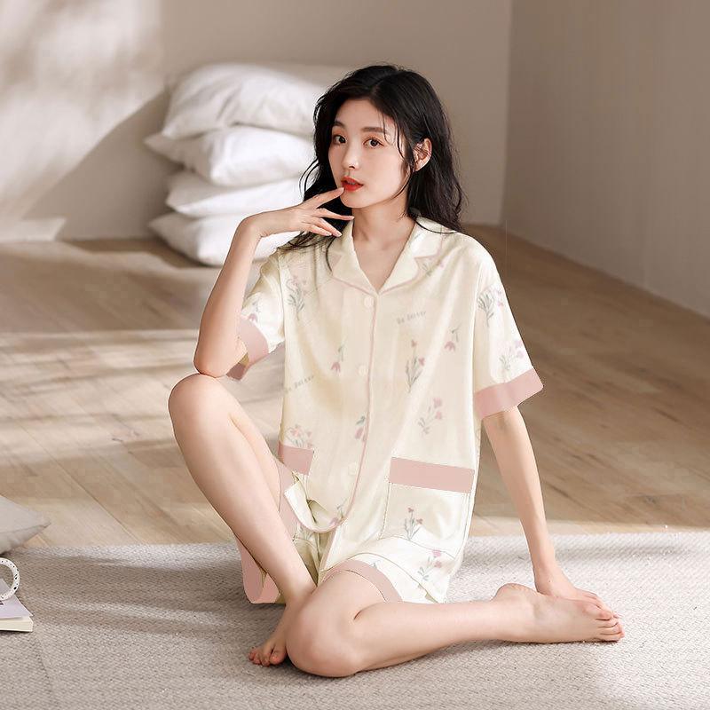 Japanese-style Unprinted Style Summer Fresh Cotton Pajamas Women's Short Sleeves 1011 New Loose Outer Loungewear Suit