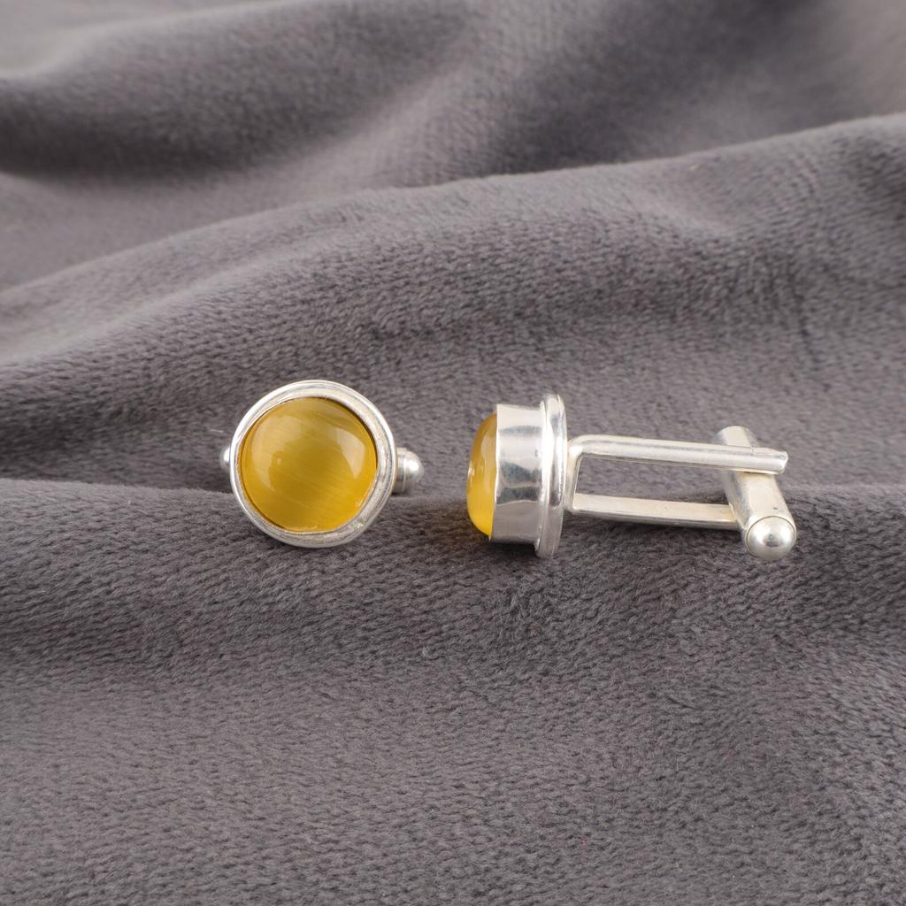 Yellow Cat's Eye Gemstone 925 Sterling Silver Handmade Jewelry Cufflinks 0.50" CL-4-23