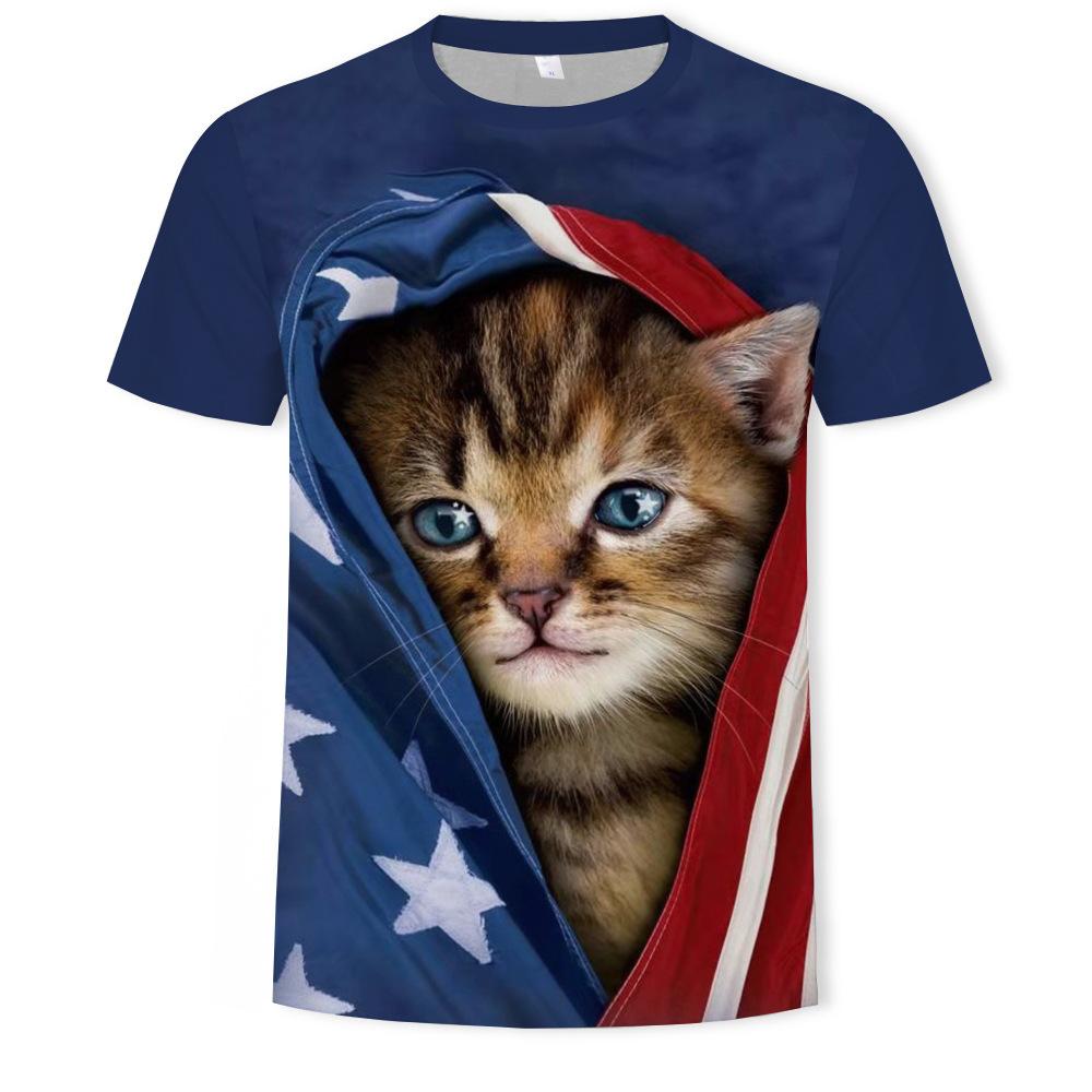Summer Trendy Animal Cat Round Neck Short Sleeved 3D Digital Printed Men's Short Sleeved T-shirt
