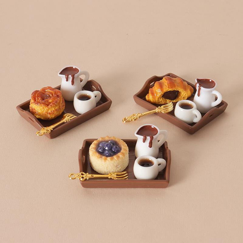 Realistic Dollhouse Miniature Coffee & Pastry Set Food Tray Accessory for Doll House Diorama Art Decor Collection Gift