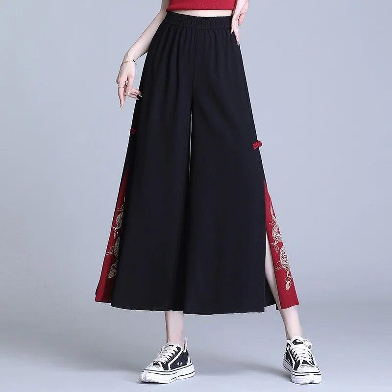 Women's Pants Chinese Style Harajuku Hippie Ethnic Loose Black Embroidery Aesthetic Baggy Wide Leg Pants Kimonos Trousers Women