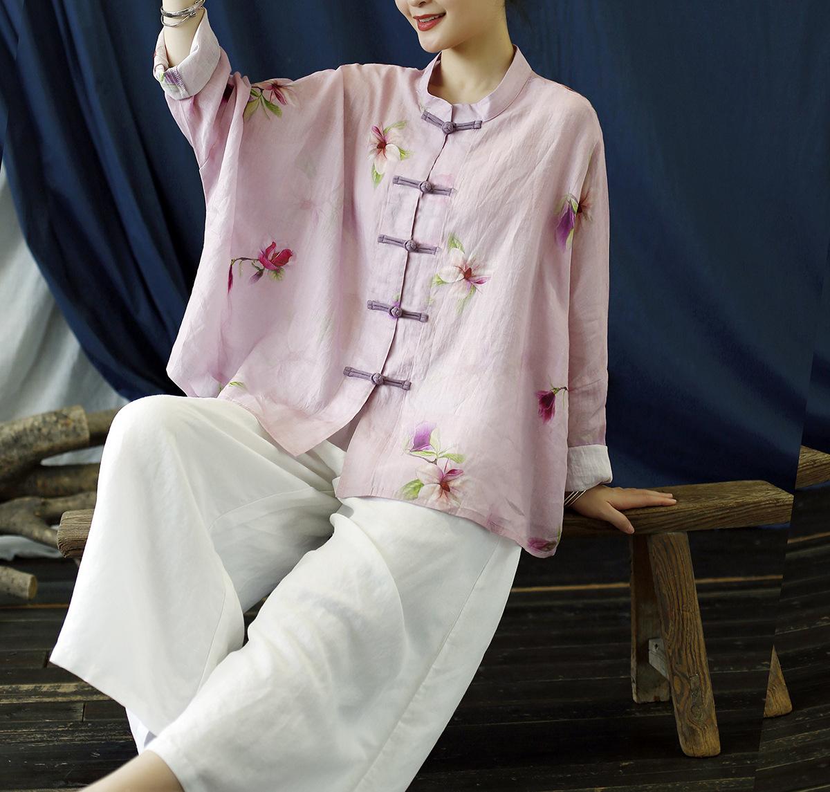 

Johnature весна-лето женская льняная винтажная футболка с длинным рукавом свободная однобортная One Size розовый