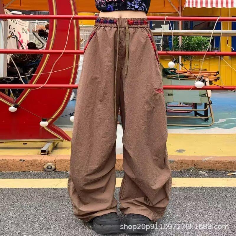Loose bf lazy wind paratrooper pants men's and women's quick-drying wide-leg tooling pants contrasting color embroidery scimitar trousers