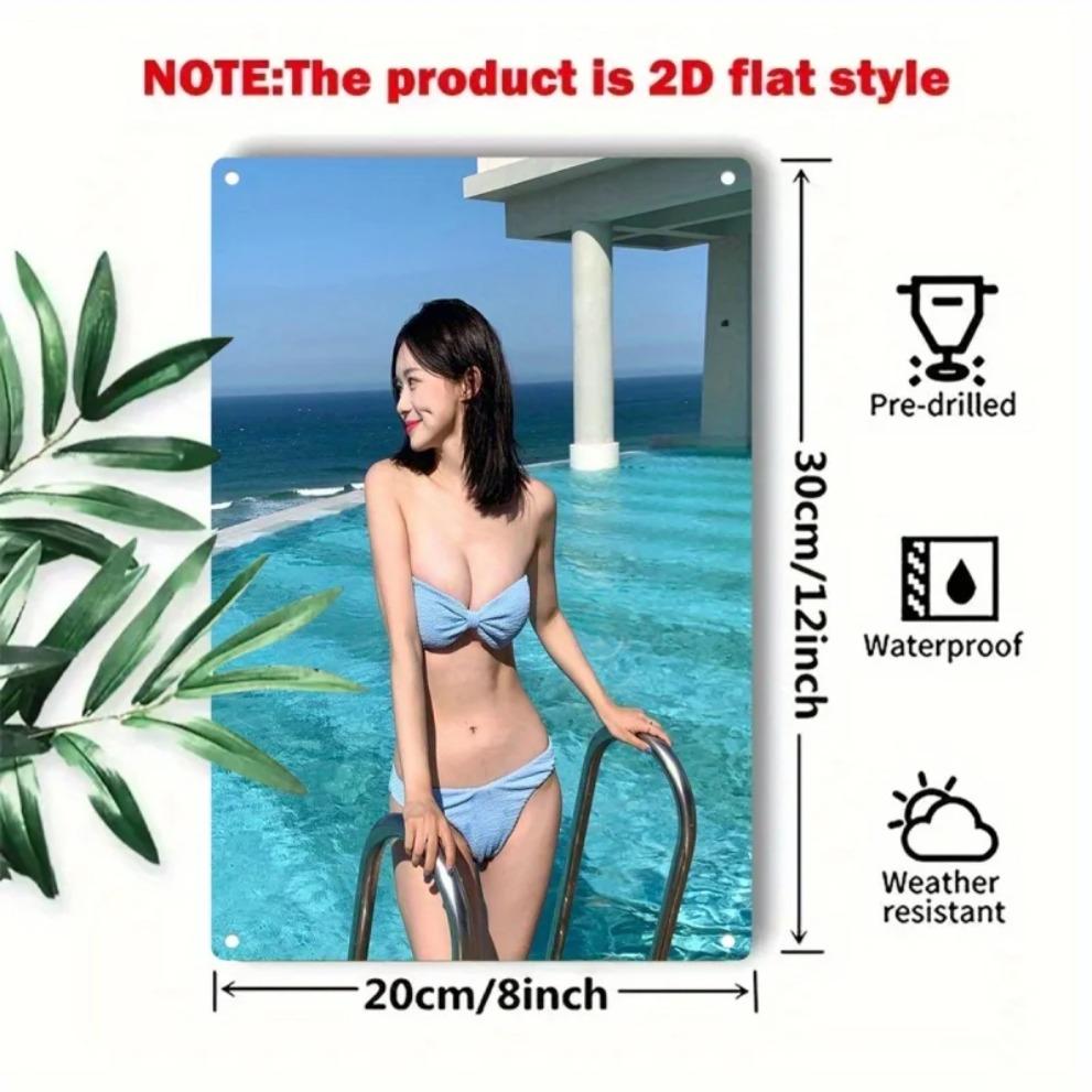 Wall Poster Metal Art - Korean Beauty Model & Bikini Poolside Wall Decor for Home Bar Cafe
