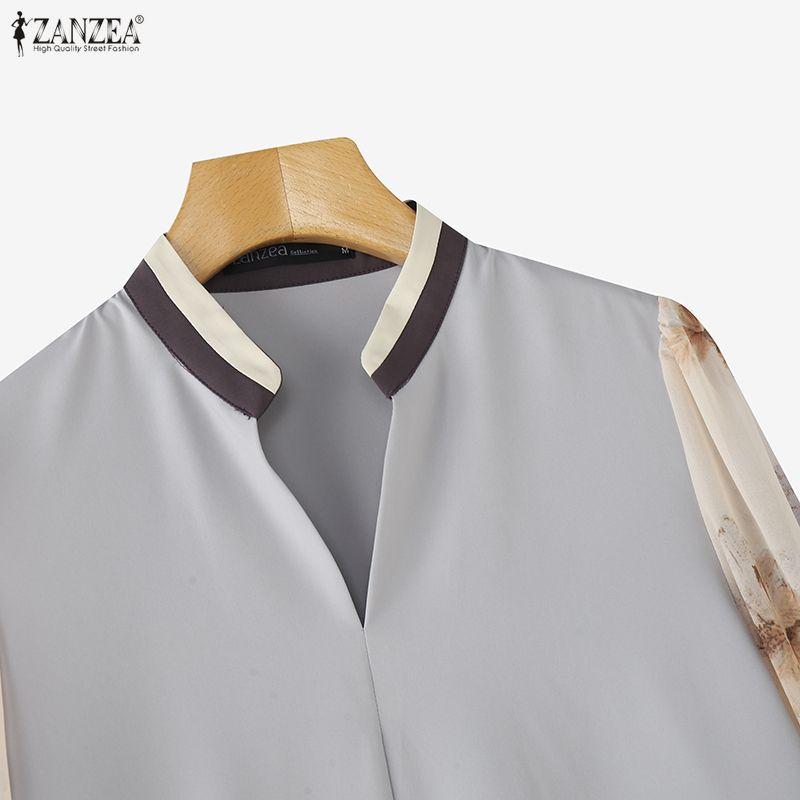 ZANZEA Women Casual V-neck Print Splice 3/4 Sleeve Loose Blouse