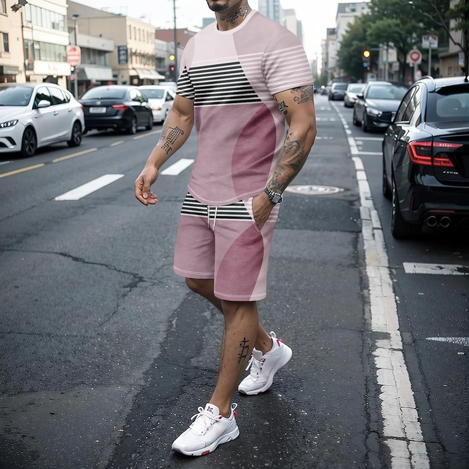 

Летняя мужская спортивная одежда, комплект из двух предметов: шорты с круглым вырезом, короткими рукавами и 3D-сращиванием, модный повседневный праздничный комплект 6XL