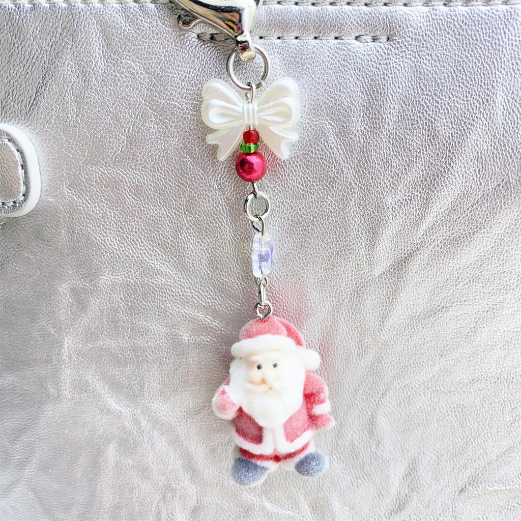 Fashionable Christmas Santa Claus Flocking Keychain With Star Bowknot Soft Plush Charm Accessory for Bags and Phones