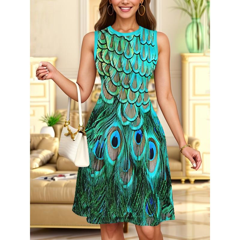 Womens Casual Sleeveless Round Neck Midi Dress With 3D Print Breathable Comfort Fit Elegant Office Style