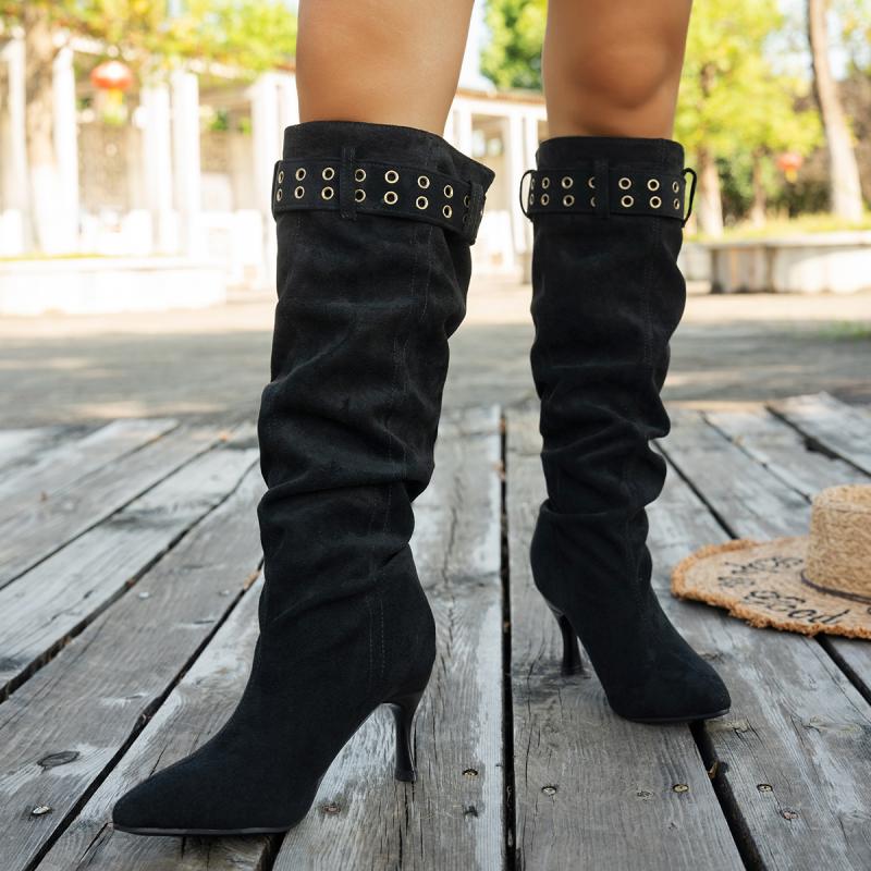 Fashion Metal Buckle Western Knee High Boots Women 2025 Winter Vintage Brown Suede Long Boots Sexy High Heel Woman's Y2K Shoes