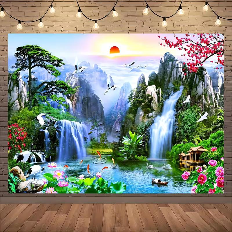 Chinese Feng Shui Waterfall Mountain Backdrop, Lucky Koi & Pine Tree Photography Background