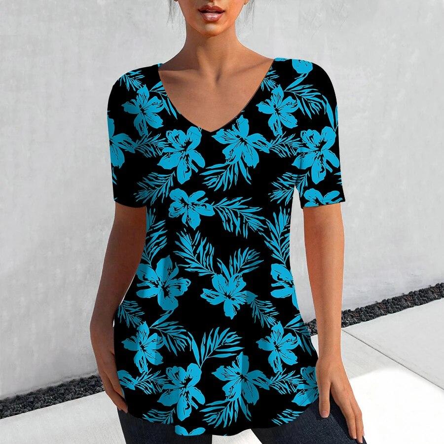 

V-Neck Women s T-Shirt Summer Short Sleeve Top Harajuku Flower Graphic Clothing Cute Tee Shirt Casual Sweater Pullover T Shirts 6XL