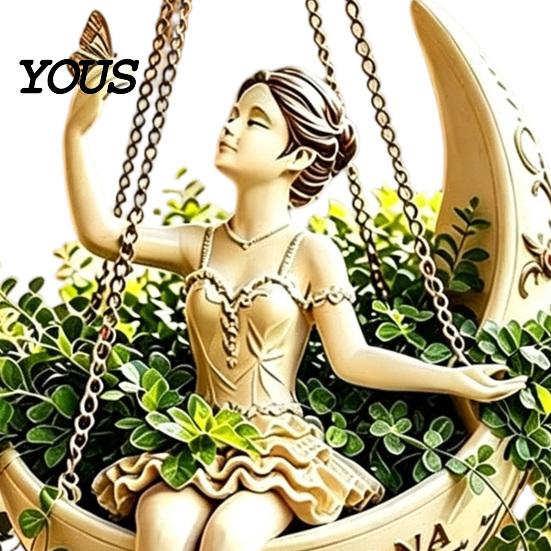 Space Saving Plant Display Ballet Dancer Hanging Planter, Ballerina Sitting on Crescent Pot, Decorative Indoor Outdoor Holder Resin Flower Pot