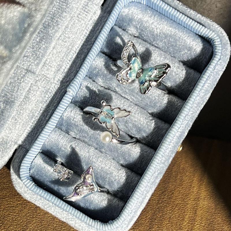 Ocean wind gradual change fish tail simple design pearl light luxury ring femininity personality butterfly fashion index finger ring