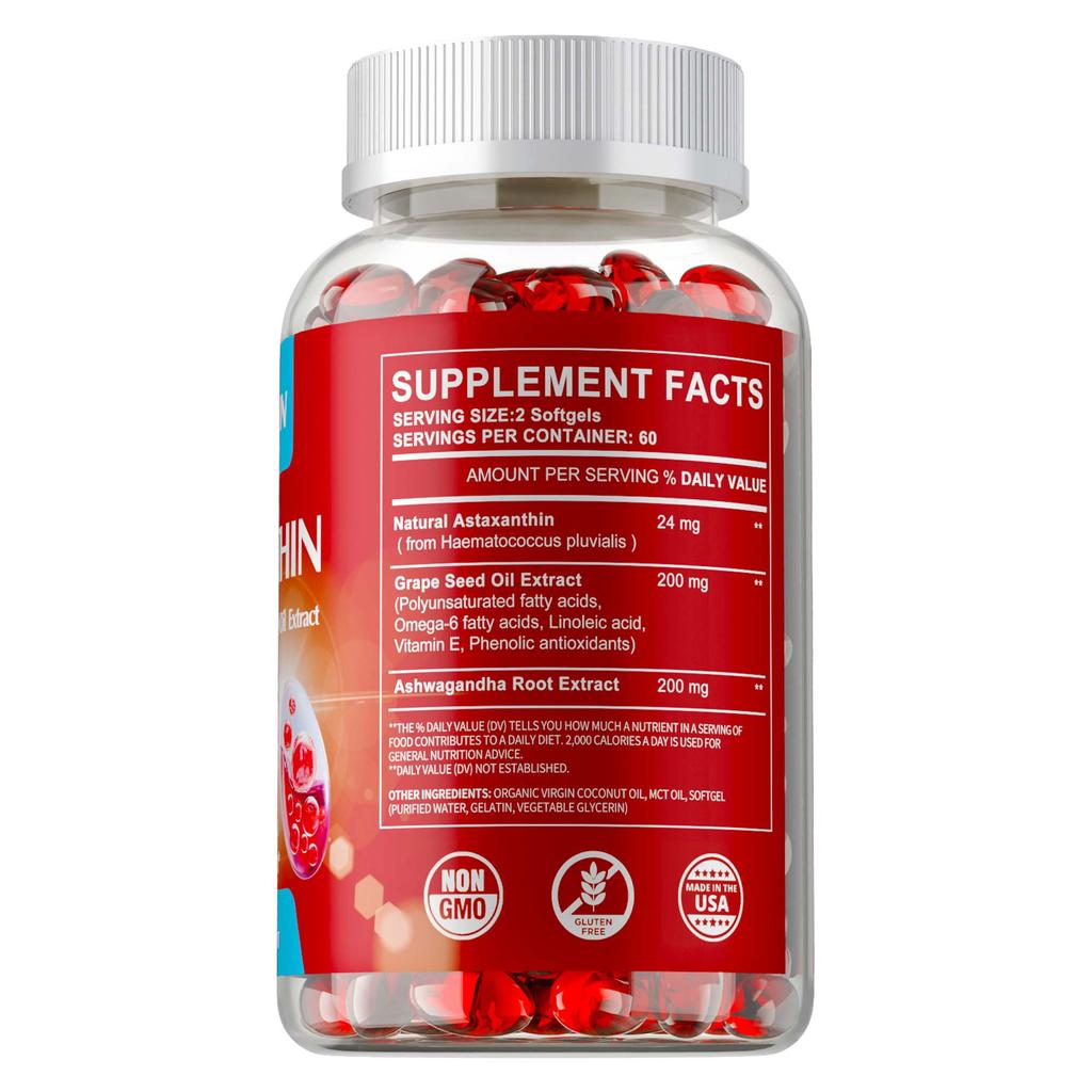 Astaxantină 24mg-Ashwagandha,Ulei din Sâmburi de Struguri-Sănătatea Vederii,Susținerea Inimii și a Articulațiilor