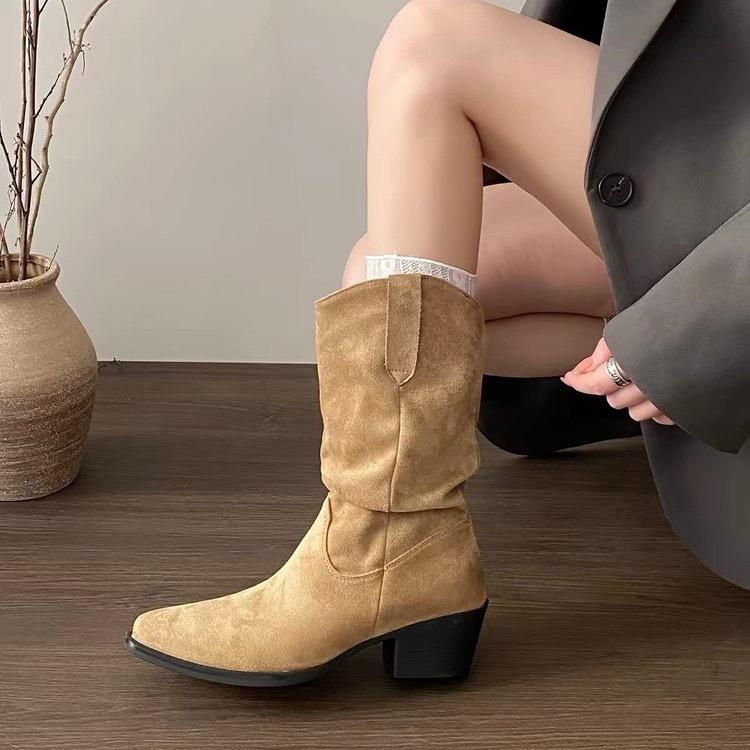 French thick-heeled short boots stacked boots autumn and winter new Maillard mid-tube western cowboy Martin boots women