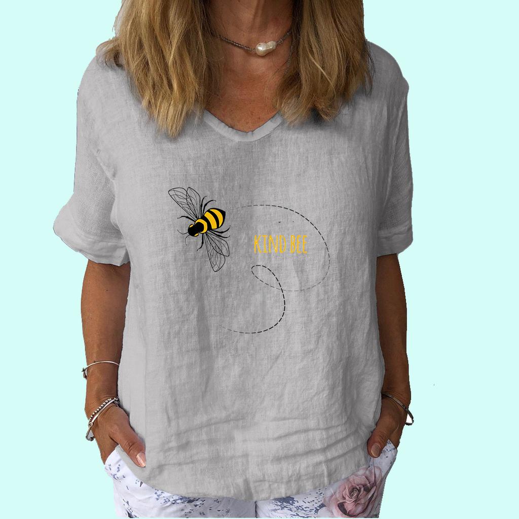 Women Fashion Short Sleeve Top Summer Casual V Collar Tee Shirt Ladies Print Cotton Linen T-shirt