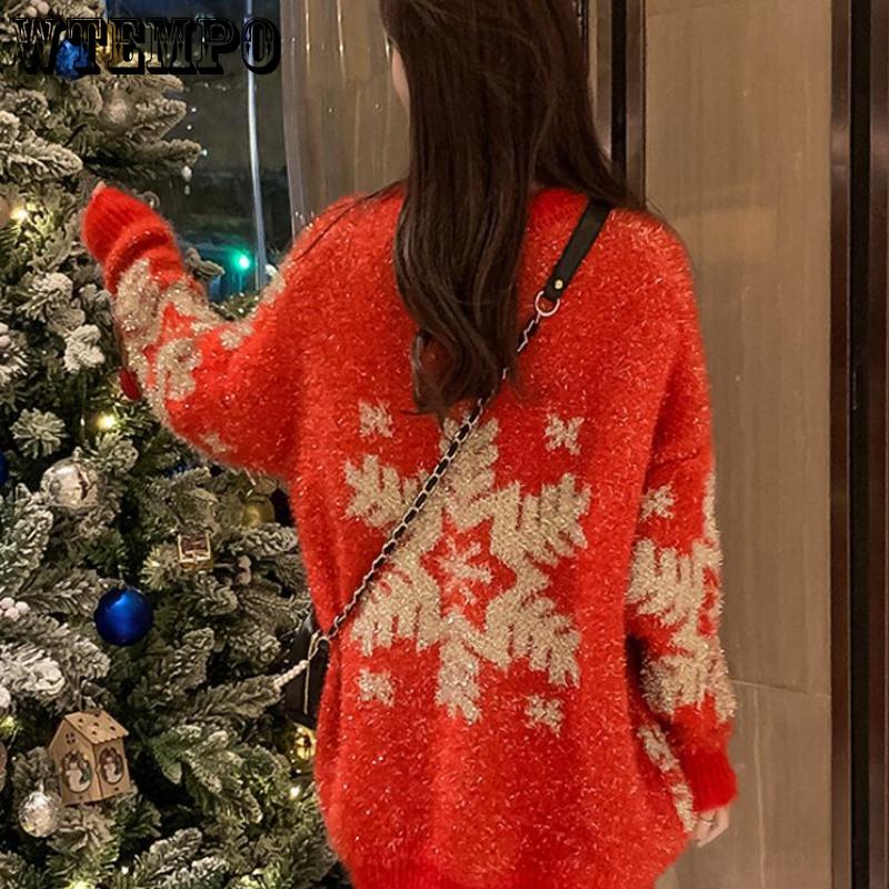 WTEMPO Langärmiger Weihnachtspullover Damen Herbst Winter Strickoberteile Lockerer Lässiger Stil Mittellang Strickpullover