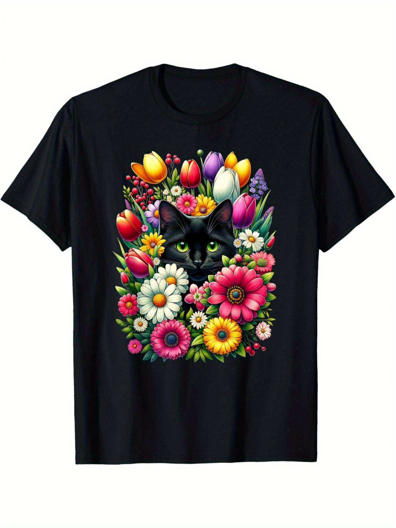 Boho cute black cat hiding among spring flowers men s t-shirt S разноцветный