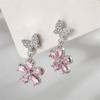 Cute Female Pink Zircon Stone Silver Color Stud Flower Earrings Lovely Bridal Wedding  For Women