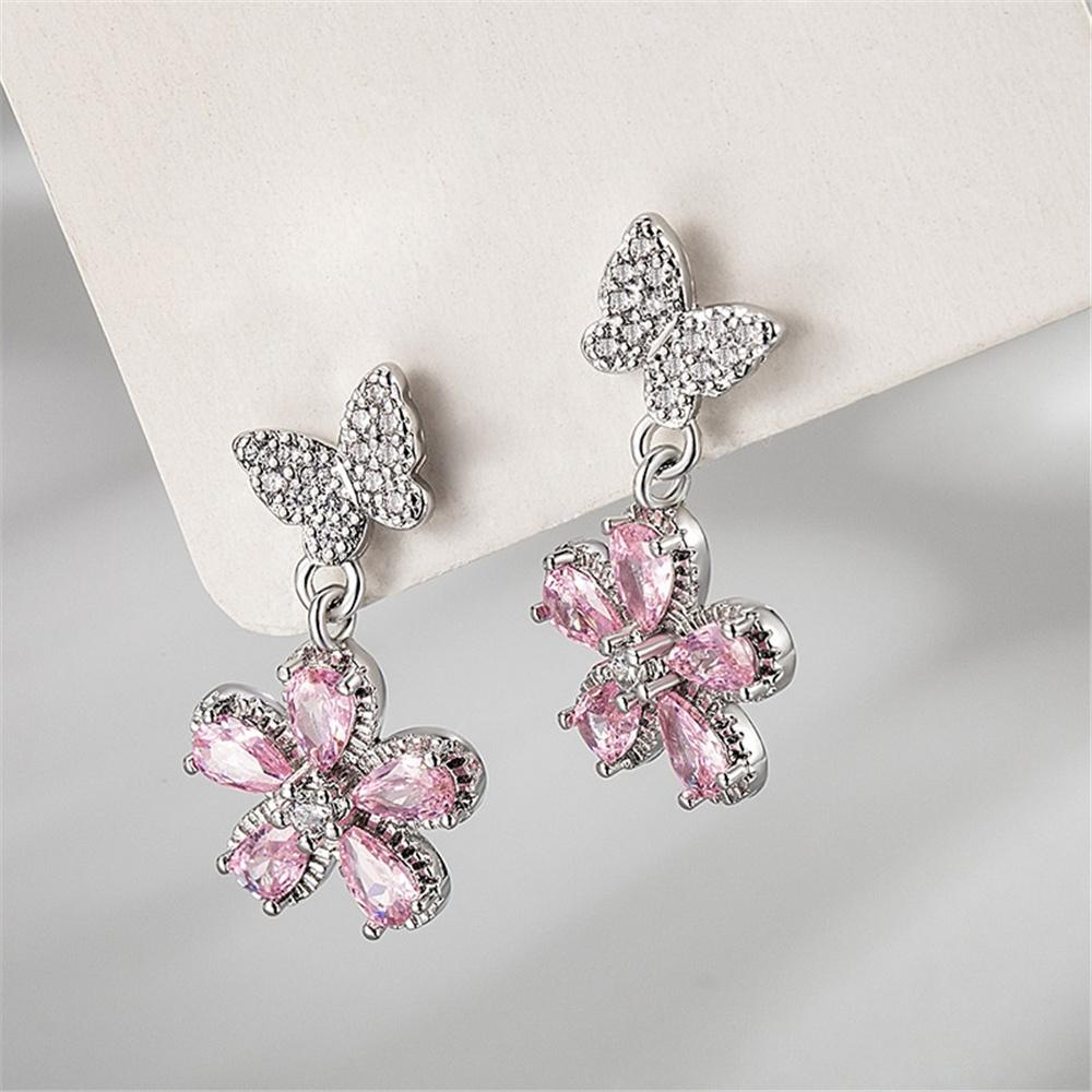 Cute Female Pink Zircon Stone Silver Color Stud Flower Earrings Lovely Bridal Wedding  For Women