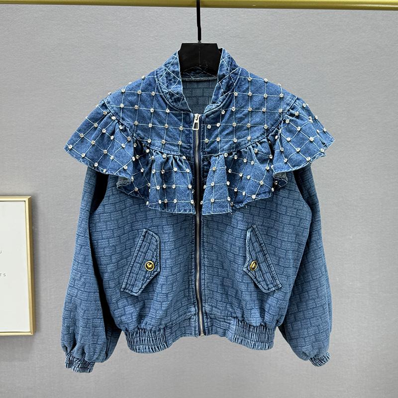 Heavy Industry Diamond-encrusted Denim Jacket Women's Spring New Loose and Thin European Ruffle Edge Splicing Top Trendy Brand