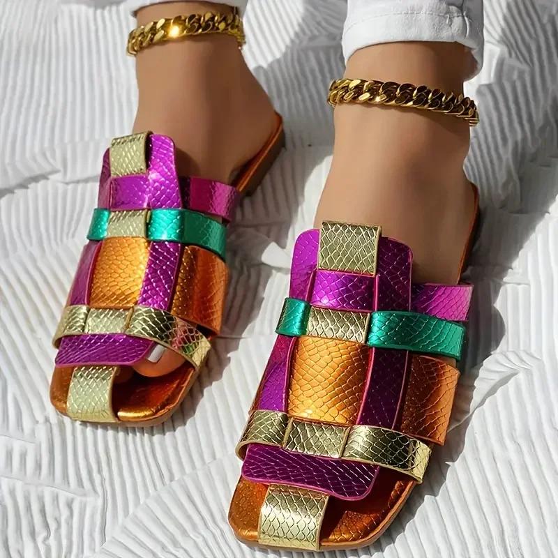 Hot - Selling Streetwear - Style Sandals | Colorful Snakeskin Woven Slides with Gold Cuban Anklets