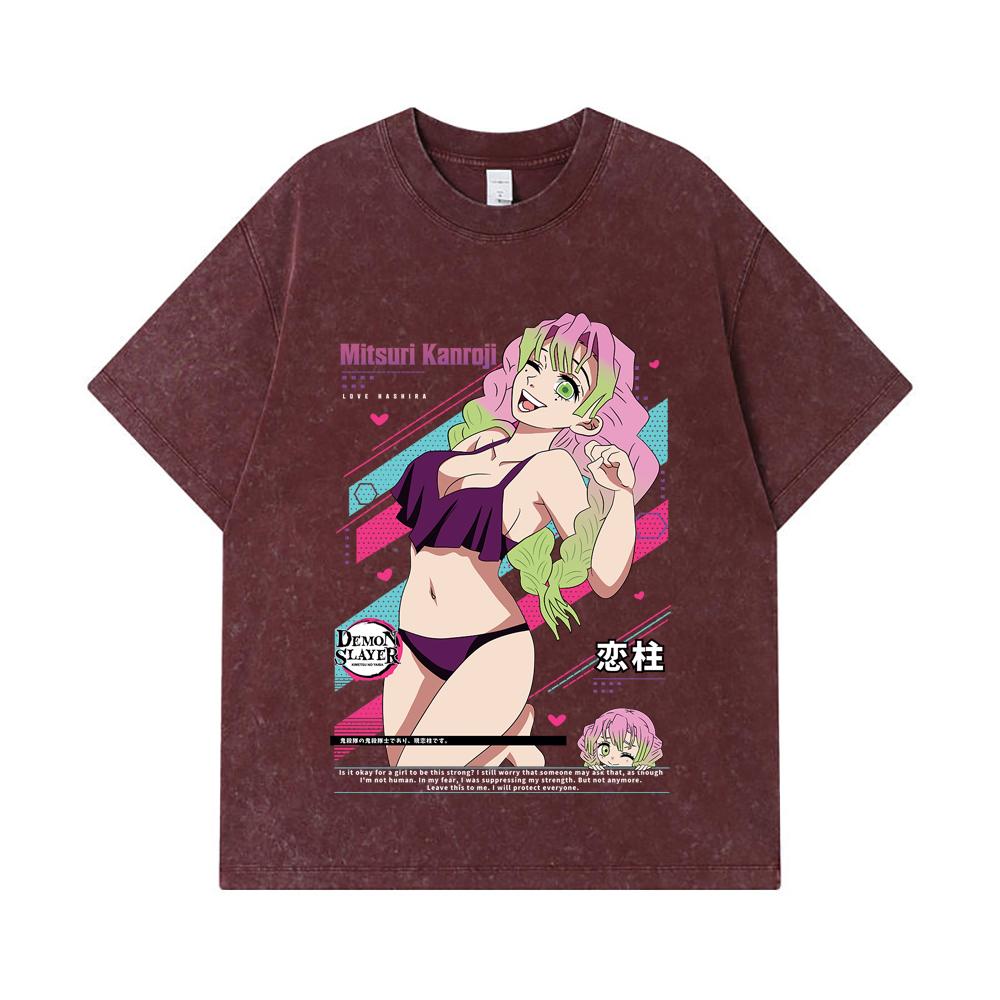 275 GSM Washed T-shirts 100% Cotton Demon Slayer V52 Mitsuri Waifu Print Unisex Heavy Cotton T Shirt
