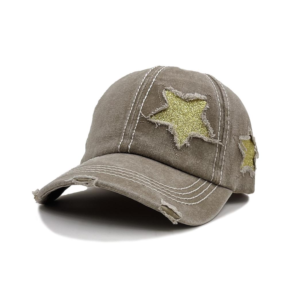 Pure Cotton Washed Ponytail Hole-Out Five-Pointed Star Baseball Cap, Trendy Curved Brim Ponytail Braid, Duckbill Hat